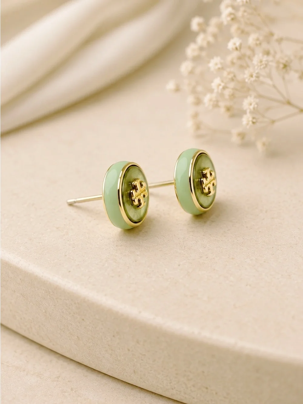 Tory Burch Gold-Tone Logo Green Enamel Circle Stud Earrings